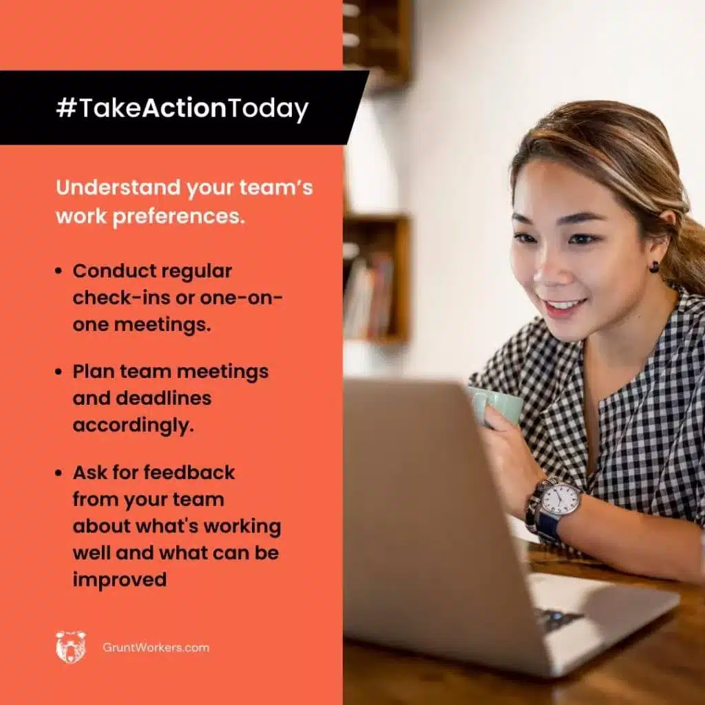 digital marketing agency tips Understand your teams work preferences. Conduct regular check-ins or one-on one meetings. Plan team meetings and deadlines accordingly. Ask for feedback from your team about what's working well and what can be improved quote inside image