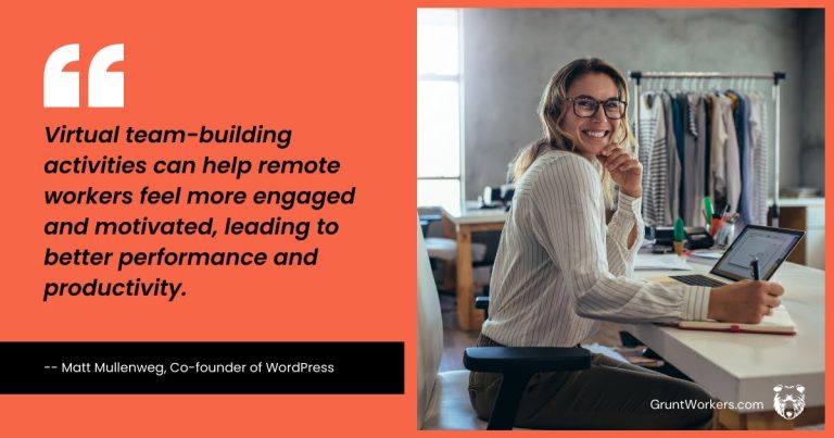 Virtual team-building activities can help remote workers feel more engaged and motivated quote inside image