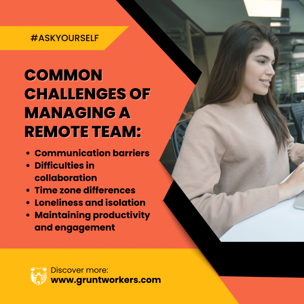 "Common challenges of managing a remote team: communication barriers, difficulties in collaboration, time zone differences, loneliness and isolation, maintaining productivity and engagement" text in image