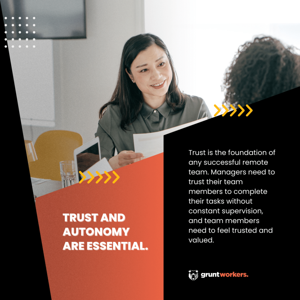 "Trust and autonomy are essential. Trust is the foundation of any successful remote team. Managers need to trust their team members to complete their tasks without constant supervision, and team members need to feel trusted and valued." text in image